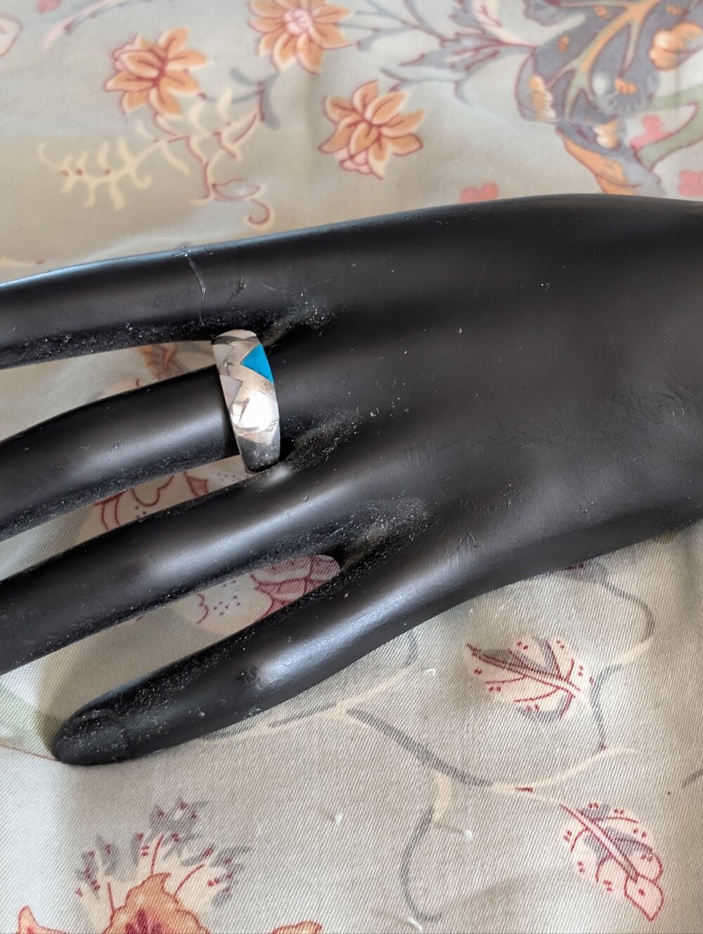 Sterling Silver Faceted Band Ring with Turquoise & MOP Accent